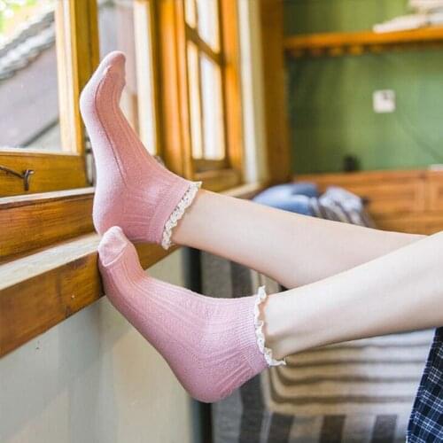 1 Pair Women Ankle Socks Comfortable Soft Lace Printed Cotton Socks Casual Fashion Solid color Simplicity Style Girl Short Socks