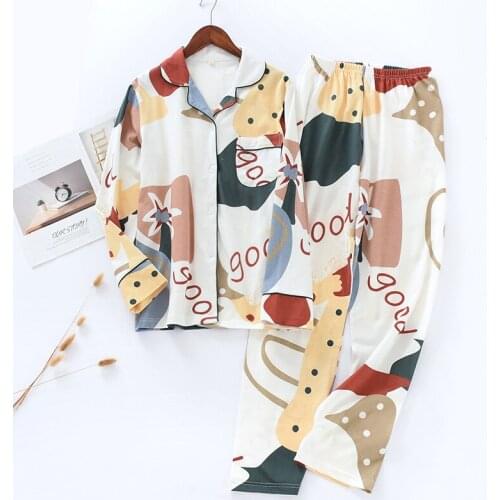 Lover Cotton Sleepwear Loose 2PCS Couple Pajamas Suit Spring Autumn New Pyjama Full Sleeve Pant Nightwear Cute Cartoon Home Wear