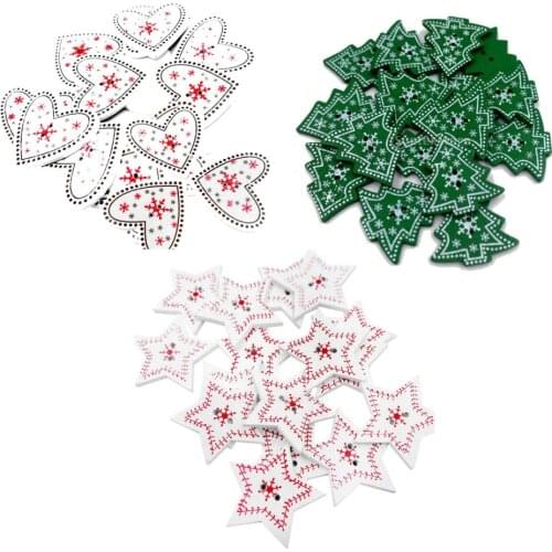 25 Pieces Snowflake Christmas Tree / Love Heart / Star Wooden Buttons Embellishment Fit Sewing & Scrapbooking 2 Holes