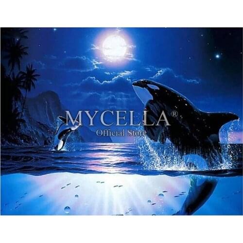 5D Diamond Painting Kit Blue whale Sea Orc Moon Landscape Diamond Embroidery Cross Stitch DIY Rhinestone Mosaic Full Wall Decor