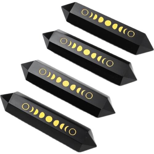 9-10cm Natural Black Obsidian Eclipse Sign Customized Golden Logo Reiki Quartz Crystal Double Point Gemstone Magic Wand Healing