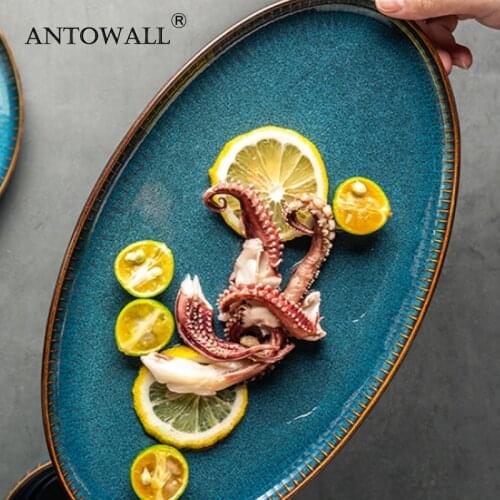 ANTOWALL Nordic Tableware Ceramic Oval Plate Fish Dish Long Flat Sushi Dish