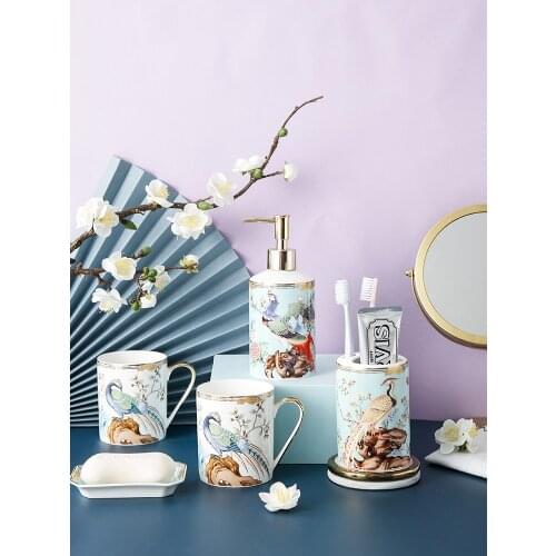 Bathroom Ceramic Liquid Soap Dispenser/Dish Toothbrush Holder Gargle Cup 5 Piece Sets Gifts Box Packing Birthday Presents