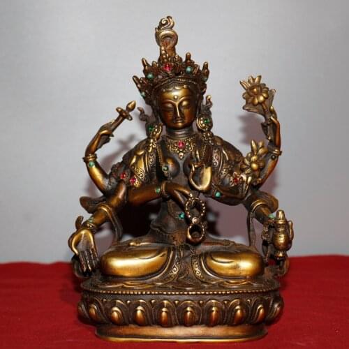9"Chinese temple collection Old Bronze mosaic Gem Quasi tifomu Six-armed Guanyin Bodhisattva Buddha Enshrine the Buddha