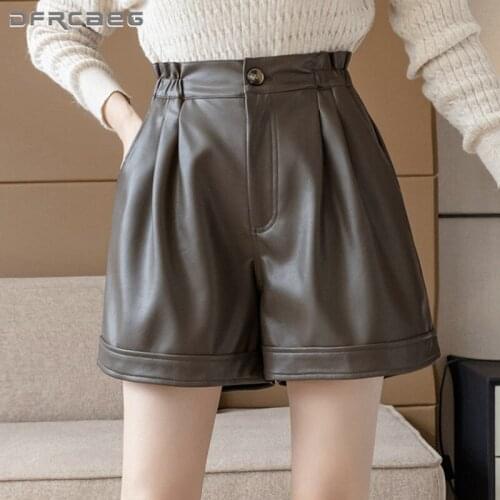 Brown Loose Womens Faux Leather Shorts 2021 Fashion Elastic Waist Korean Lady PU Shorts For Boots Black