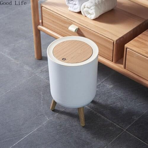 7L High Foot Imitation Wood Trash Can Round Desktop Dustbin With Press Cover Living Room Toilet Kitchen Garbage Bucket