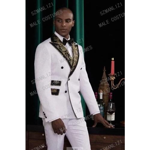 Costume Homme Mariage 2020 Designers White Tuxedo Gold Lapel Floral Groom Suit Double Breasted Suit Men Wedding Suits For Men