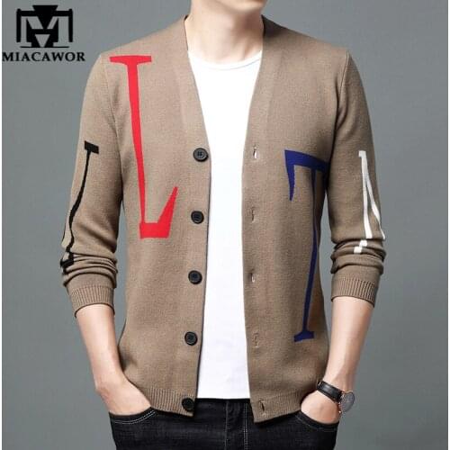 New Brand Cardigan Men Slim Fit Letter Print Woolen Knitted Sweater Coats Autumn Winter Casual Men Clothing Y351