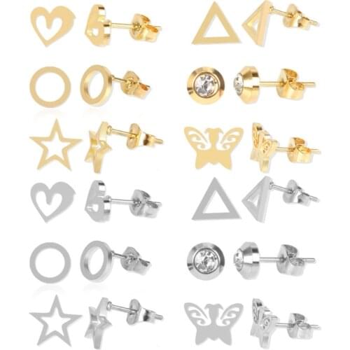 12 Pairs Stainless Steel Heart Star Moon Round Stud Earrings Women Cute Bar CZ Butterfly Stud Earrings Fashion Jewelry