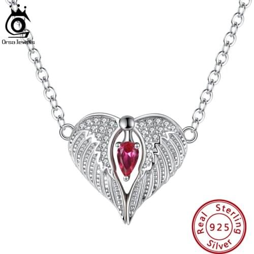 ORSA JEWELS Movable Folding and Opening Angel Wing Heart Necklace Rhodium Over Sterling Silver Cubic Zirconia Necklace SN292