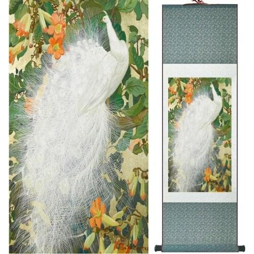 Peacock and flower painting Home Office Decoration Chinese scroll painting traditional birds and flower painting 042109