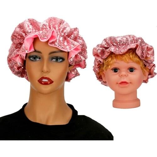 Custom 1Set Adult/Children Bonnet Glitter Sequins Bonnet Extention Wig Hairs Sleep Cap Bath Caps