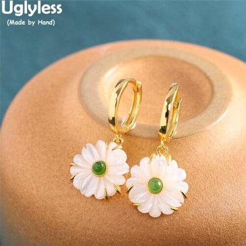 Uglyless Instagram Popular Daisy Flowers Earrings for Women Natural Shell Jasper Earrings Real 925 Silver Ear Hoops Gold Brincos