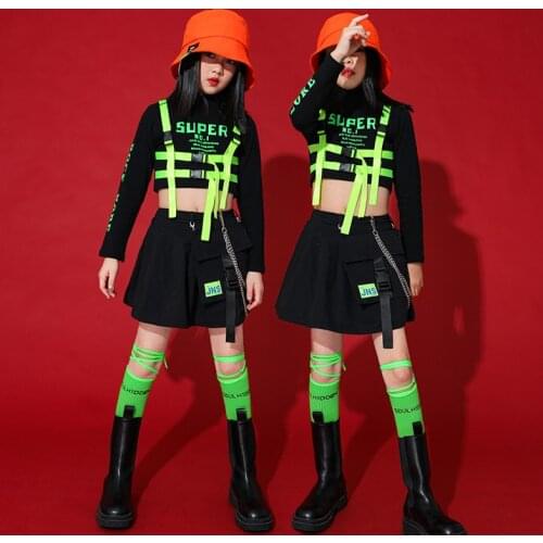 Girls Hip Hop Sweatshirt Goth 2 Pcs Set Kids Mini Skirt Jazz Outfit Children Crop Top Street Dance Clothing Costumes Streetwear