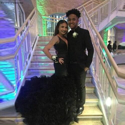 Mermaid Black Organza Ruffle Skirt Evening Dress New Arrival Sexy Deep V Neck Backless Formal Graduation Party Gown Custom Make