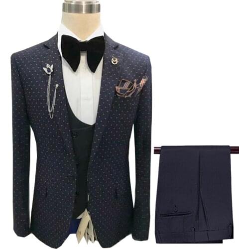 Navy Mens dot Suits 3-Pieces latest Luxury Notch Lapel Suits Groomsmen Tuxedos For Wedding/party (Blazer+Vest+Pants)