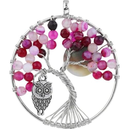 SUNYIK Fuchsia Onyx Tree of Life Owl Full Moon Abalone Shell Pendant Handmade Jewelry