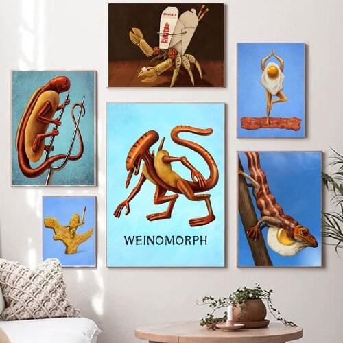 Funny Breakfast Egg Bacon Dance Wall Art Pring Pictures Bird Eye View Steed Crab Cartoon Canvas Painting Kitchen Kid Room Decor