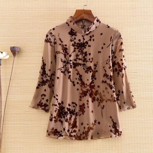High-end Spring Casual Soft Blouse Shirt Chinese Style Retro Women Slim Lady Plum Blossom Elastic Shirt Top S-XXL