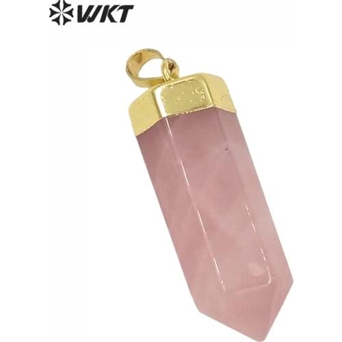 WT-P1412 Natural Pink Quartzy With Gold Capped Pendant Cute Pencil Point Healing Crystal and stone Pendant Bohe Gift For Women