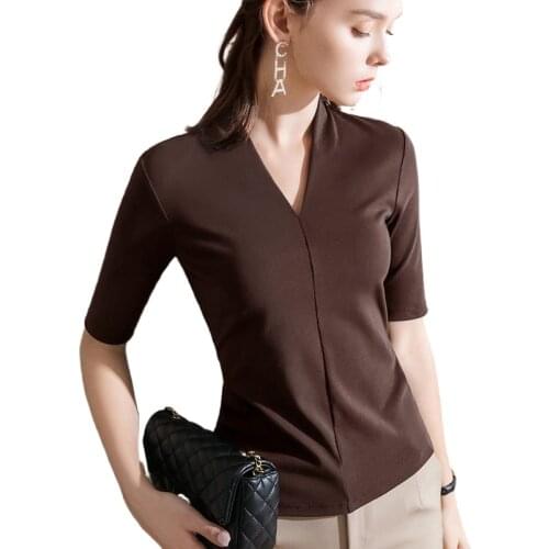 Mid-sleeve shirt women 2021 spring and summer new womens V-neck thin cotton t-shirt casual all-match top
