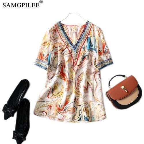 Summer T-shirts For Women 2021 Office Lady Chiffon Short Sleeve Embroidery V-neck Creative Abstract Pattern Oversized T Shirt