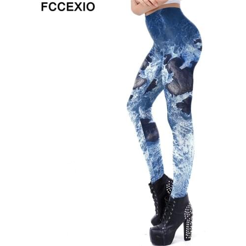 FCCEXIO 3D Printed Blue Sea Pattern Leggings Women Workout Fitness Legging Street Leggins Plus Size High Quality Workout Pants