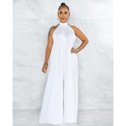 2021 Summer New Fashion Solid Color Hanging Neck Sleeveless Loose Temperament Casual Womens Jumpsuit