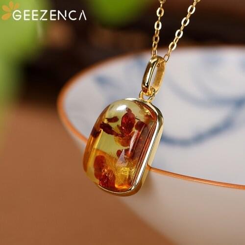 GEEZENCA 925 Sterling Silver Gold Plated Natural Amber Pendant For Women Classic Simple Pendants Necklace Without Chain Gift