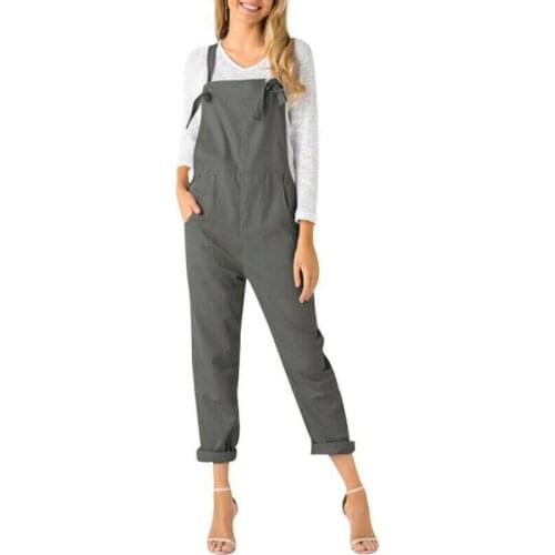 Women Pocket Cotton Linen Loose Casual Wide Leg Jumpsuit Overall Long Trousers Pants