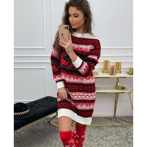 Womens Christmas Sweater Dress, Long Sleeve Round Neck Slim Fit Knit Pullover Dress streetwear dresses for women 2021 elegant