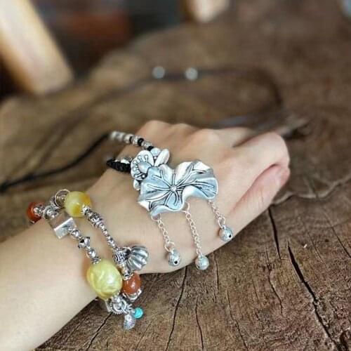 Johnature Tibetan Silver Original 2021 Flowers Tassel New Lotus National Trend Handmade Necklace Women Vintage Metal Hangings