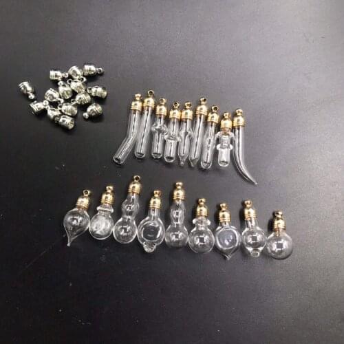 20pcs gold/silver glue cap glass Vial Pendant locket charms mini wish glass bottles with Tassel cap name on rice art jewelry