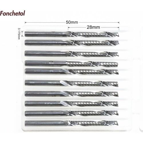 3.175mm*28mm-10pcs CNC solid carbide End Mill,tungsten 1 flute spiral milling cutter,PVC,MDF,Acrylic engraving router bit