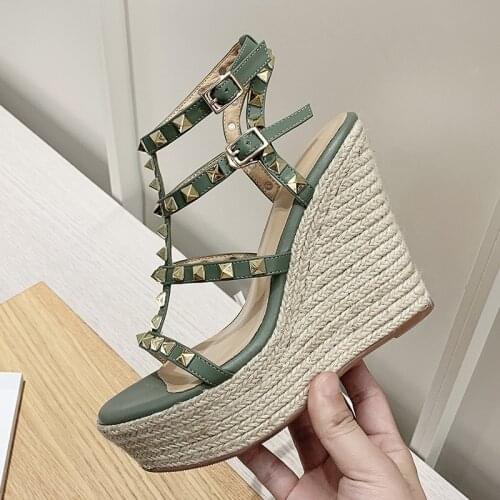 Rivet Weave Platform Sandals Open Toe Ankle Buckle Round Toe Dress Women Shoes Wedges High Heel Dress Women Shoes T Strap