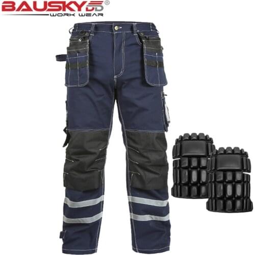 Bauskydd Multi Pocket Cargo Pants Men Work Safety Reflective Pants Mens Trousers For Autumn Winter hi vis Workwear Free Shipping