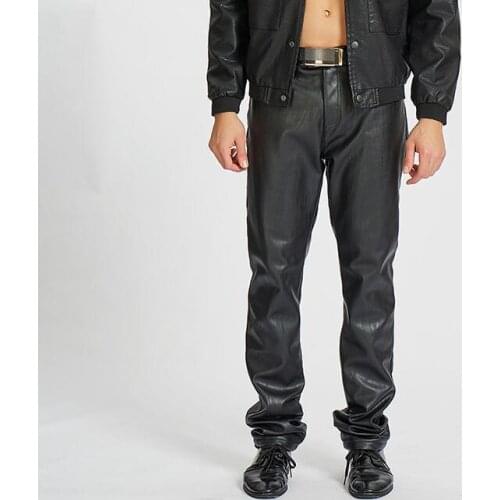 Plus velvet thicken faux leather pants mens motorcycle pu pants fashion trousers for men personality pantalon homme Windproof