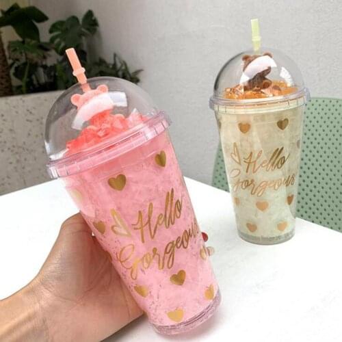 Water Cup Cartoon Bear Pattern Drinkware Silicone Ice Cream Juice Mug with Straw for Office