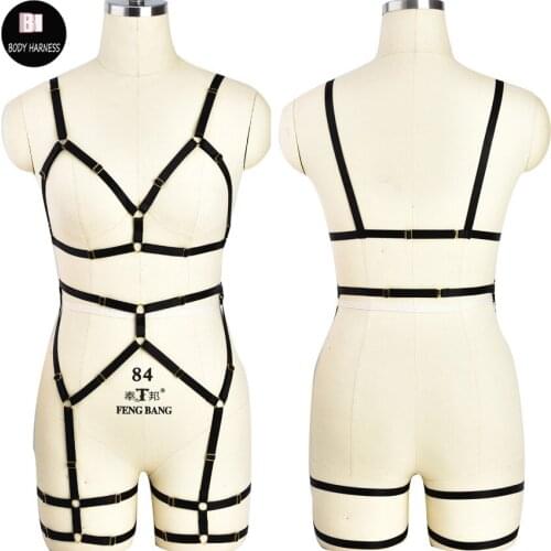 Black Goth Body Harness Bra Sexy Bondage Lingerie Elastic Strap High Waist Garter Belt Fetish Cage Bra Rave Harness Set