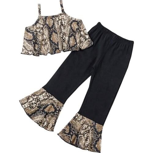 Summer Children Girls Pants Set Suits Leopard Print Vest + Flare Bottom Pants 2pcs