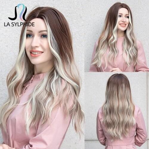 La Sylphide Long Natural Wave Wig Dark Brown with Highlight Blonde Synthetic Wigs Middle Part for Woman Heat Resistant Hair Wigs