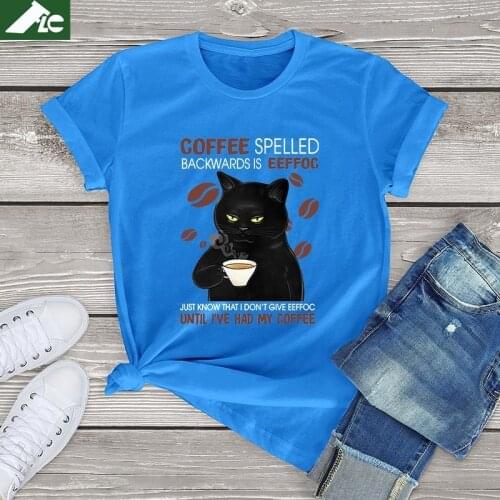 100% cotton t shirt women Black Cat Coffee Spelled Backwards Is Funny Cat Coffee tops unisex T Shirt harajuku womens tees gift