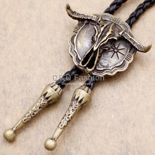 Western Southwest Longhorn Steer Cow Skull Shield Leather Rodeo Bola Bolo Tie Necktie Men Jewelry