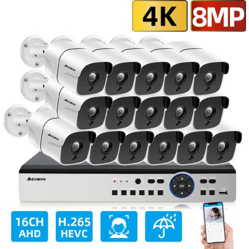 16Pcs CCTV Face playback 8MP H.265 Outdoor Surveillance Kit 8.0MP IR Security Camera Video Surveillance System 4K 16ch DVR Kits