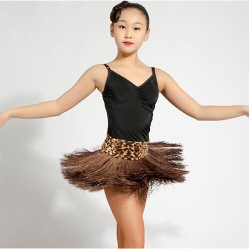 Leopard Fringe Dress Latina Dance Wear Girls Skirt Latin Competition Skirts Latin Stage Clothing Black Dresses Salsa JL1014