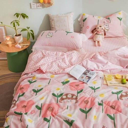 Summer Soft Breathable 100% Cotton Quilt Princess Lace Comforter Flowers Print throw Duvet Washed Cotton Throw Blanket Bedding