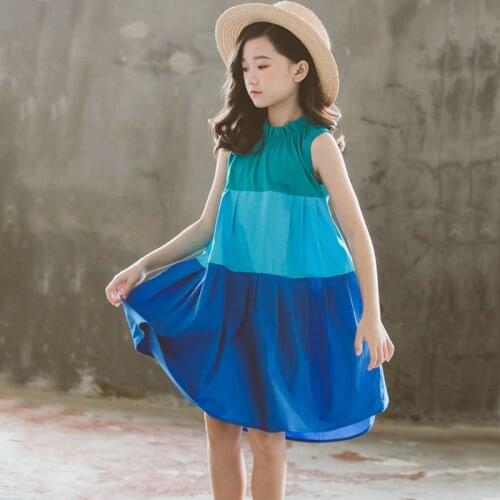 2021 Summer Teenage Clothing Girl Dress Ruffles Collar Sleeveless Casual Dresses Kids Party Blue Sundress Girls Knee Length