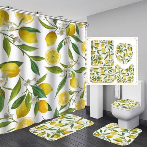 Lemon Tree Custom Design 180 Shower Curtain With Rug Mat Lid Toilet Cover Bathroom Carpet Anti Slip Waterproof Polyester 4PCS