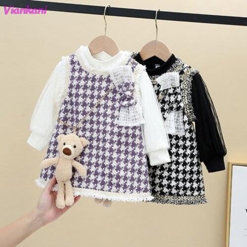 Baby Girl Fashion Clothing Set sweaters+plaid bow dress+bear,Kids Toddlers Spring Autumn Elegant Suits Children Clothes 2 9 Year