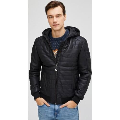 Black Hooded Mens Genuine Leather Jacket